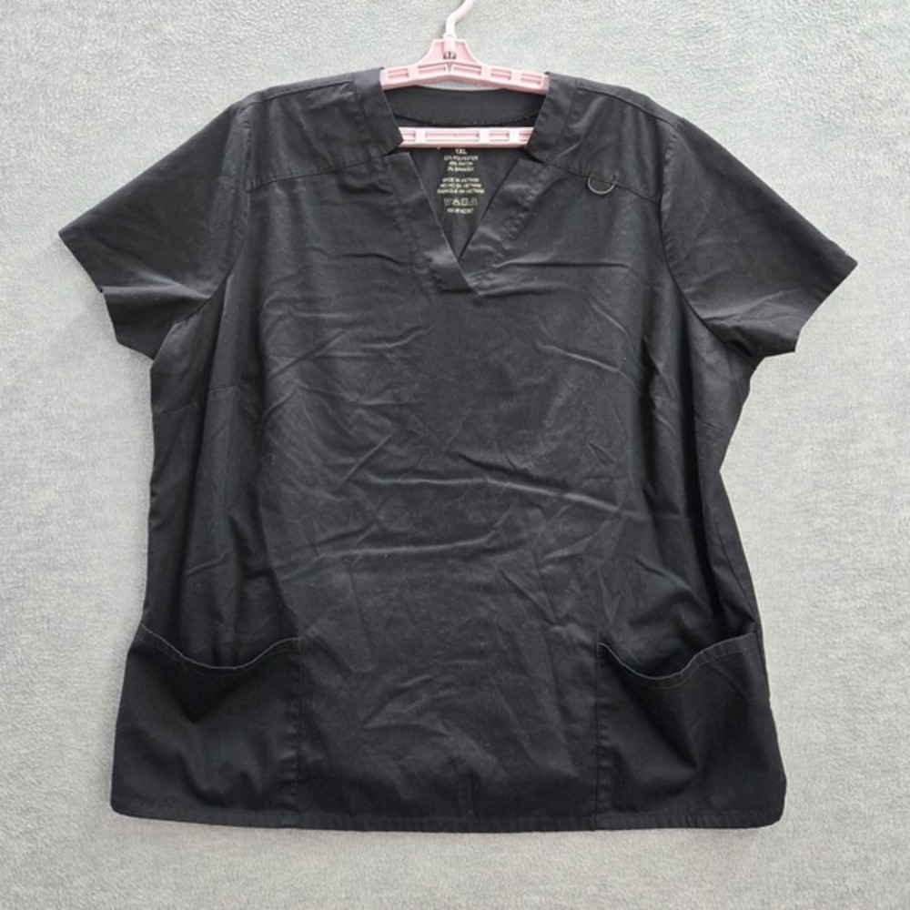 Jaanuu Women Scrub Top 1XL Black Short Sleeve Polyester Rayon